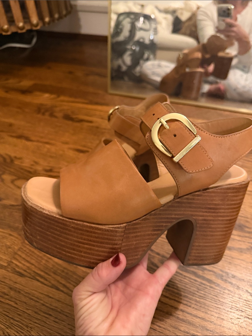 Seychelles Cognac Leather Platform Block Heel Sandals